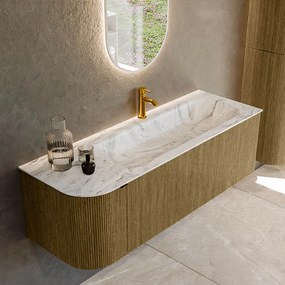 Mondiaz Kurve-dlux 135cm badmeubel ronding links dusk met 1 lade en deur en wastafel big medium kraangat rechts glace
