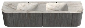 Mondiaz Kurve-dlux 180cm badmeubel ronding links/rechts shadow met 2 lades en deuren en wastafel leaf dubbel 2 kraangaten frappe