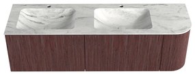 Mondiaz Kurve-dlux 155cm badmeubel ronding rechts ruby met 2 lades en 1 deur en wastafel leaf dubbel/links 2 kraangaten opalo