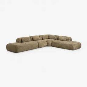 Modulaire Hoekbank Van 4 Delen Met Dubbele Chaise Longue In Vacuüm Verpakte Chenille Merida Chenille Dik Saliegroen - Sklum