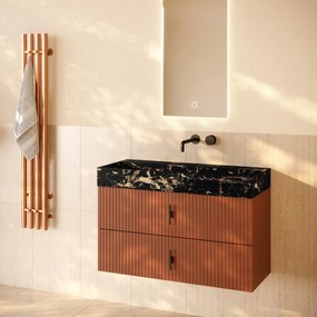 Muebles Murcia badmeubel ribbelfront 100cm terracotta met Portoro Gold wastafel zonder kraangat