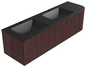 Mondiaz Kurve 155cm badmeubel ronding rechts ruby met 2 lades en 1 deur en wastafel cloud dubbel/links 2 kraangaten urban