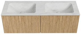 Mondiaz Kurve-dlux 130cm badmeubel oak met 2 lades en wastafel leaf dubbel 2 kraangaten opalo