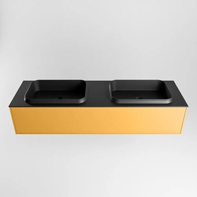 Mondiaz Erin 150cm badmeubel Ocher met 1 lade en zwarte wastafel dubbel 2 kraangaten