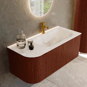 Mondiaz Kurve-dlux 105cm badmeubel ronding links ruby met 1 lade en deur en wastafel big small kraangat rechts frappe