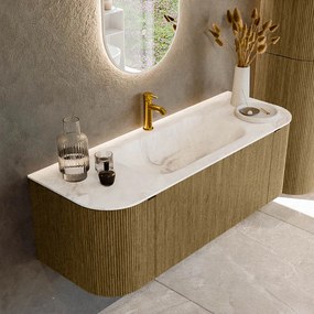 Mondiaz Kurve-dlux 130cm badmeubel ronding links/rechts dusk met 1 lade en 2 deuren en wastafel big small midden 1 kraangat frappe