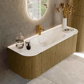 Mondiaz Kurve-dlux 130cm badmeubel ronding links/rechts dusk met 1 lade en 2 deuren en wastafel big small midden 1 kraangat frappe