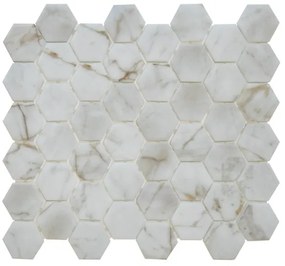 The Mosaic Factory Valencia mozaïektegel - 27.6x32.9cm - wand en vloertegel - Zeshoek/Hexagon - Gerecycled glas Bianco Marble Print Mat VAL10M