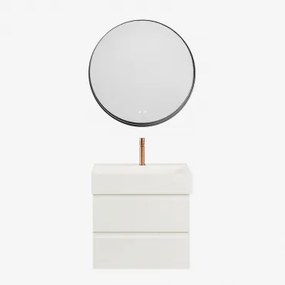 Ona Zwevend Badkamermeubelset Van Hout En Essenfineer Met Geïntegreerde Wastafel Wit & Round Led And Antifog Zwart Ø80 Cm Kimacs - Sklum