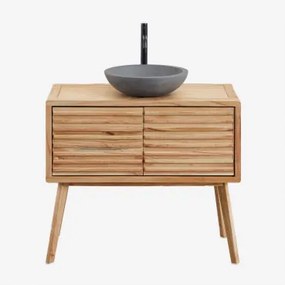 Badkamermeubelset 90x45 Cm In Hout Deleyna Natuurlijk Hout & Rond Grijs Cement Ø40 Cm Tarsis & Spiegelloze & Mat Zwart ↑30 Cm Met Afvoerkraan Zonder O