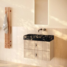 Muebles Murcia badmeubel ribbelfront 80cm naturel eiken met Portoro Gold wastafel zonder kraangat