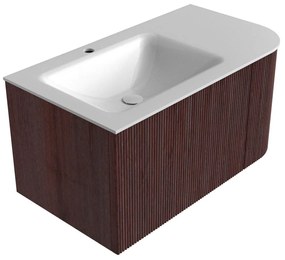 Mondiaz Kurve 85cm badmeubel ronding rechts ruby met 1 lade en deur en wastafel cloud kraangat links