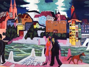Kunstdruk View of Basel & The Rhine (People Walking in the City) - Ernst Ludwig Kirchner, (40 x 30 cm)