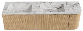 Mondiaz Kurve-dlux 155cm badmeubel ronding rechts oak met 2 lades en 1 deur en wastafel leaf dubbel/links 2 kraangaten glace