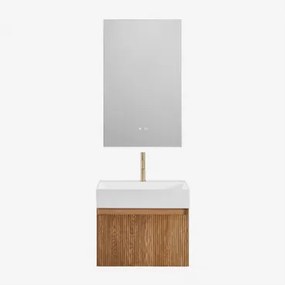 Conjunto Vaniteitmeubel Zwevend Van Hout Met Geïntegreerde Wastafel Aldeia Ash Brown & Geborsteld Goud ↑20 Cm Met Aftapkraan Zonder Overloop Orveta &
