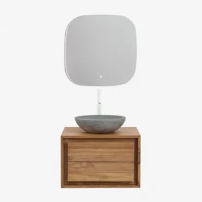 Jabari Teakhouten Badkamermeubelset Teakhout & Rond Grijs Cement Ø40 Cm Tarsis & Vierkant Led En Anticondens 75x75 Cm Riben & Wit - Sklum