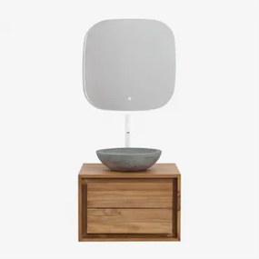 Jabari Zwevend Badkamermeubelset Van Teakhout Teakhout & Rond Grijs Cement Ø40 Cm Tarsis & Vierkant Led En Anticondens 75x75 Cm Riben & - Sklum