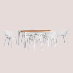 Rechthoekige 160x90 Cm Eettafelset Van Eucalyptus Hout En Aluminium Archer Classic En 6 Stapelbare Tuinstoelen Ores Glaciale Wit - Sklum