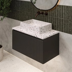 Fontana Terrazzo ribbelfront badmeubel 80cm mat zwart met rechthoekige waskom en toppaneel