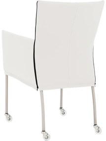 Goossens Eetkamerstoel Funk RVS Poten wit leer met armleuning en met wielenTransparant skater wiel met rvs kap, modern design