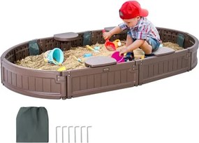 VEVOR Zandbak met deksel, 183 x 105 x 23 cm, ovale zandbak, HDPE zandbak met 4 hoekbanken en vloermat, kinderzandbak voor tuin, strand, park, cadeau voor jongens en meisjes van 3-12 jaar, bruin