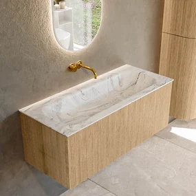 Mondiaz Kurve-dlux 110cm badmeubel oak met 1 lade en wastafel big medium midden zonder kraangat glace