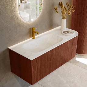 Mondiaz Kurve-dlux 115cm badmeubel ronding rechts ruby met 1 lade en deur en wastafel big small kraangat links opalo