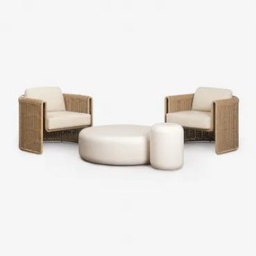Tuinset Met 2 Stoelen Van Staal En Synthetisch Riet Lina En 2 Salontafels Van Cement Fonelas Stof Gardenia Wit - Sklum