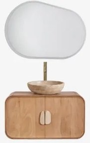 Hangend Badkamermeubelset 95x45 Cm Van Mangohout En Natuurlijke Kivalina-steen Ovaal Led En Anticondens 100x80 Cm Riben & Geborsteld Goud ↑30 Cm Met A