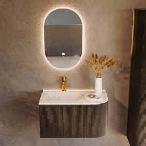 Mondiaz Kurve-dlux 75cm badmeubel ronding rechts shadow met 1 lade en deur en wastafel grunne kraangat links ostra