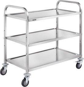 VEVOR Keukentrolley, 3 lagen, laboratoriumtrolley met een draagvermogen van 100 kg, roestvrijstalen serveertrolley, opruimtrolley, transporttrolley, rolbare opbergtrolley met 6 haken, voor binnen- en buitengebruik, zilverkleurig
