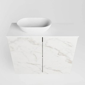 Mondiaz Fowy toiletmeubel 60cm Carrara met witte waskom links en kraangat