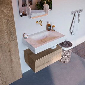 Mondiaz Alan DLux badmeubel 70cm washed oak 1 lade met wastafel opalo midden zonder kraangat