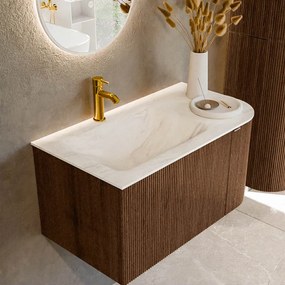 Mondiaz Kurve-dlux 85cm badmeubel ronding rechts walnut met 1 lade en deur en wastafel cloud kraangat links ostra