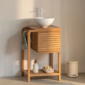 Bradley Teakhouten Badkamermeubelset Rond Wit Keramiek Ø30 Cm Calgari & Spiegelloze & Wit ↑30 Cm Met Aftapkraan Zonder - Sklum