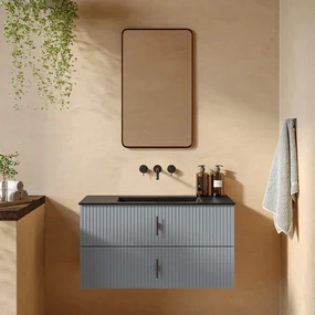 Muebles Marbella badmeubel ribbelfront 100cm baby blauw met zwarte wastafel zonder kraangat