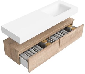 Zaro Alan badmeubel 140cm washed oak 2 lades met vrijhangende wastafel cloud rechts 1 kraangat talc