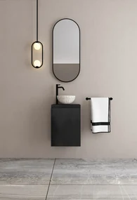MD Interior Eden toiletmeubel zwart mangohout met zwart-witte terrazzo waskom rechts