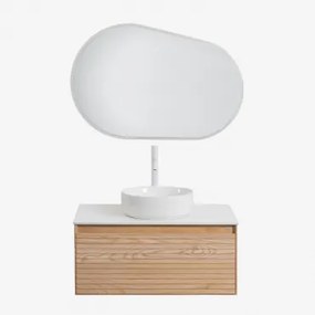 Tedrik Zwevend Badkamermeubelset 80x50 Cm In Essenhout Ash Brown & Rond Keramiek Wit Ø40 Cm Lenka & Ovaal Led En Anticondens 100x80 Cm - Sklum