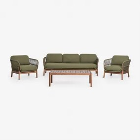 Tuinset Met 3-zitsbank, 2 Fauteuils En Salontafel Van Acaciahout En Gevlochten Karvia-touw Acacia Bruin & Bouclé Saliegroen - Sklum