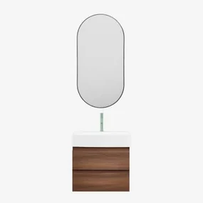 Badkamermeubelset Van Hout En Essenhoutfineer Met Geïntegreerde Wastafel Ona Donker Hout & Ovale Led En Anticondens Zwart 50x100 Cm Asteiro & - Sklum