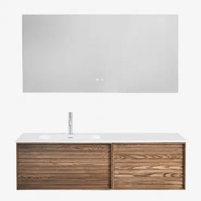 Badmeubelset Van Hout Met Geïntegreerde Wastafel Solea Natuurlijk Hout & Rectangular Led And Antifog 140x75 Cm Riben & Geborsteld Grijs - Sklum