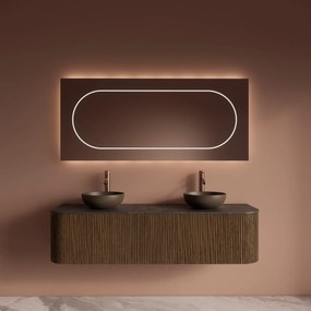 Gliss Design Alluro badmeubel ribbelfront met ronding links/rechts 160cm castle brown en zwart leisteen toppaneel