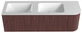 Mondiaz Kurve 145cm badmeubel ronding rechts ruby met 1 lade en deur en wastafel cloud dubbel/links zonder kraangat