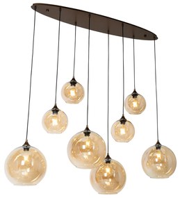 Eettafel / Eetkamer Art Deco hanglamp donkerbrons met amber glas ovaal 8-lichts - Sandra Art Deco E27 Binnenverlichting Lamp