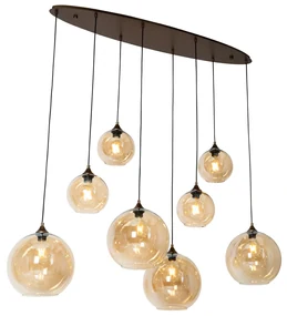 Eettafel / Eetkamer Smart hanglamp donkerbrons met amber glas ovaal 8-lichts incl. 8 Wifi G95 - Sandra E27 Binnenverlichting Lamp