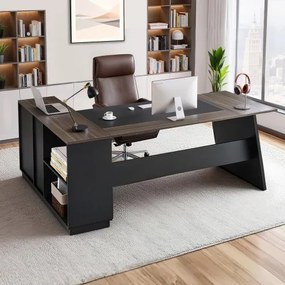 VEVOR L-vormig directiebureau, modern kantoorbureau met lades en opbergkast, stevig houten bureau, draagvermogen 158,7 kg, computerbureau voor werk, studie en schrijven, bruin+zwart