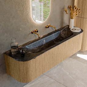 Mondiaz Kurve-dlux 170cm badmeubel ronding links/rechts oak met 1 lade en 2 deuren en wastafel big large midden zonder kraangat lava