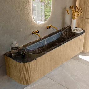 Mondiaz Kurve-dlux 170cm badmeubel ronding links/rechts oak met 1 lade en 2 deuren en wastafel big large midden zonder kraangat lava