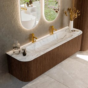 Mondiaz Kurve-dlux 170cm badmeubel ronding links/rechts walnut met 1 lade en 2 deuren en wastafel big large midden 2 kraangaten glace